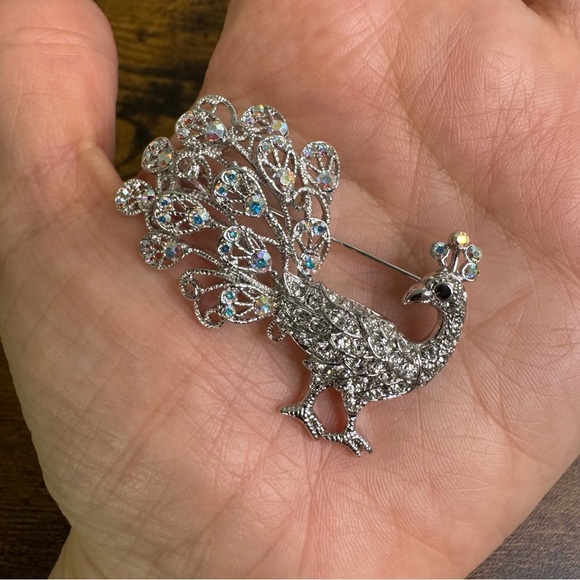 AB Crystal Peacock Bird Brooch Figural Pin Silver Tone - Picture 9 of 9